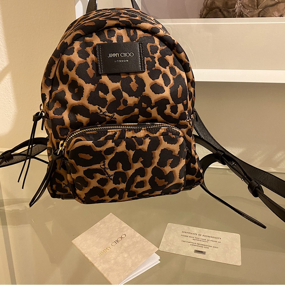 JIMMY CHOO Candice Onyp Natural Leo Nylon Leather Backpack NWT